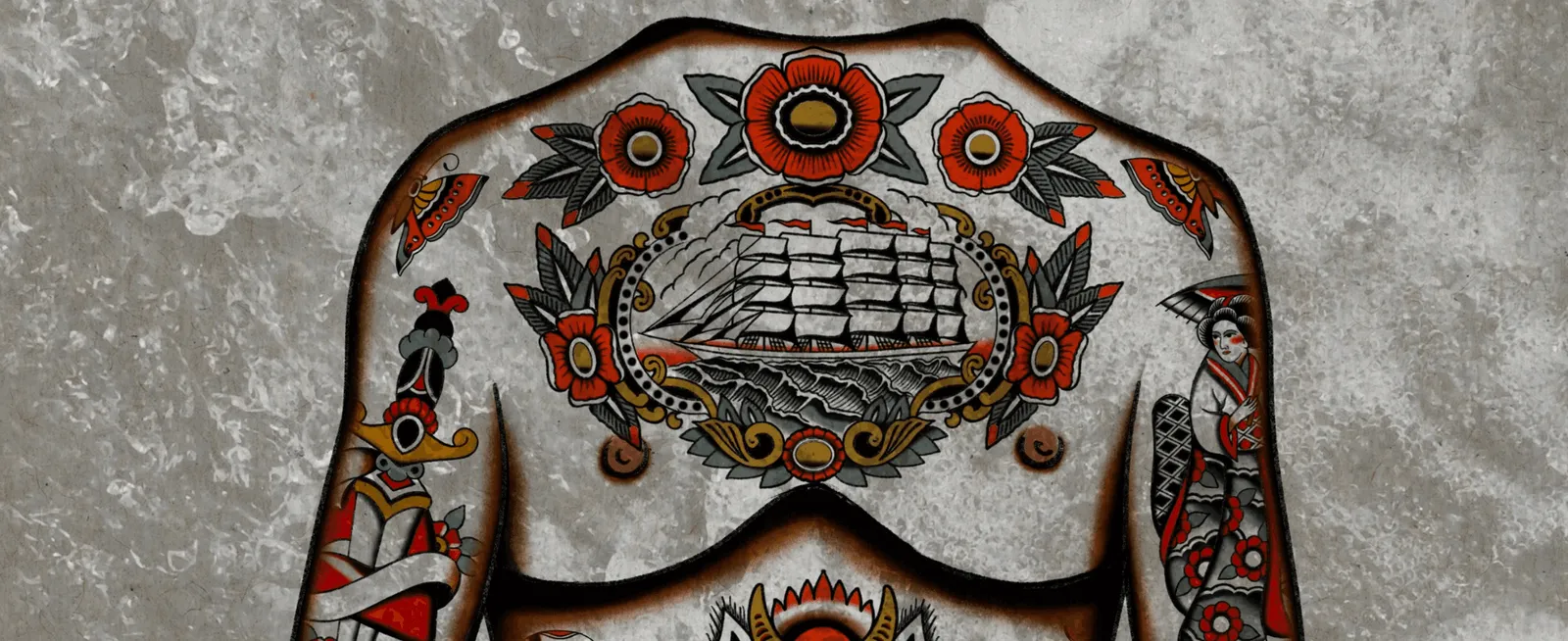 Fresque de tatouage traditionnel — bateau, roses et dague sur un buste complet