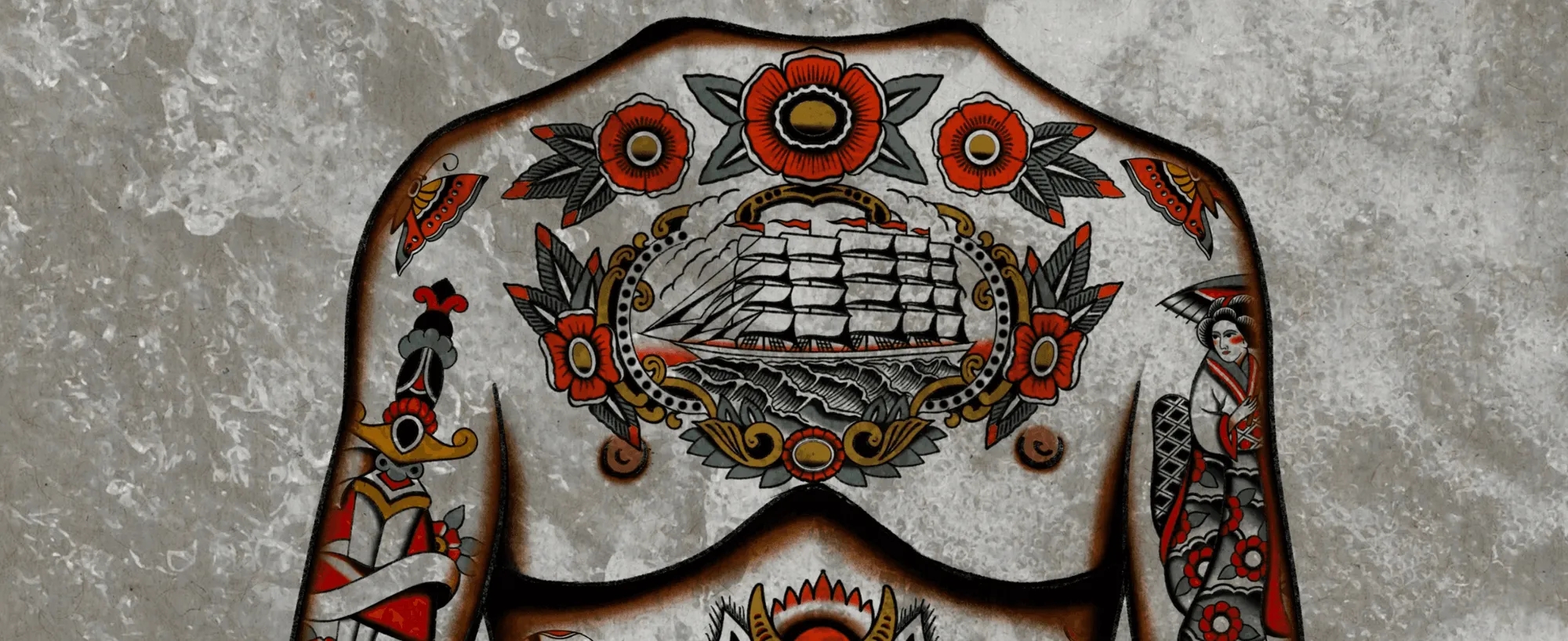 Projet de bodysuit traditionnel — bateau, roses, dague et papillons