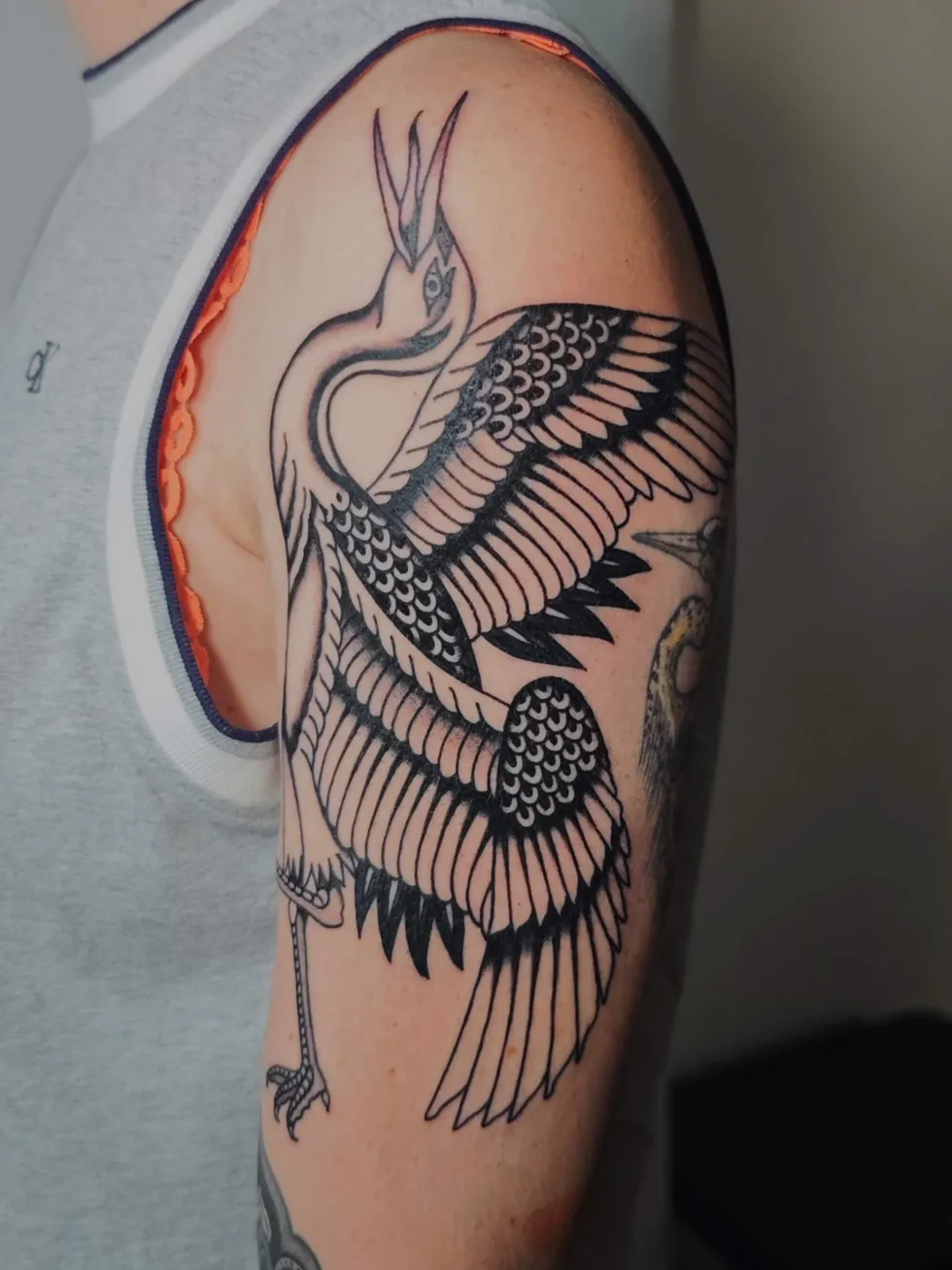 Héron — tatouage traditionnel réalisé par Paul Northe (T.01)